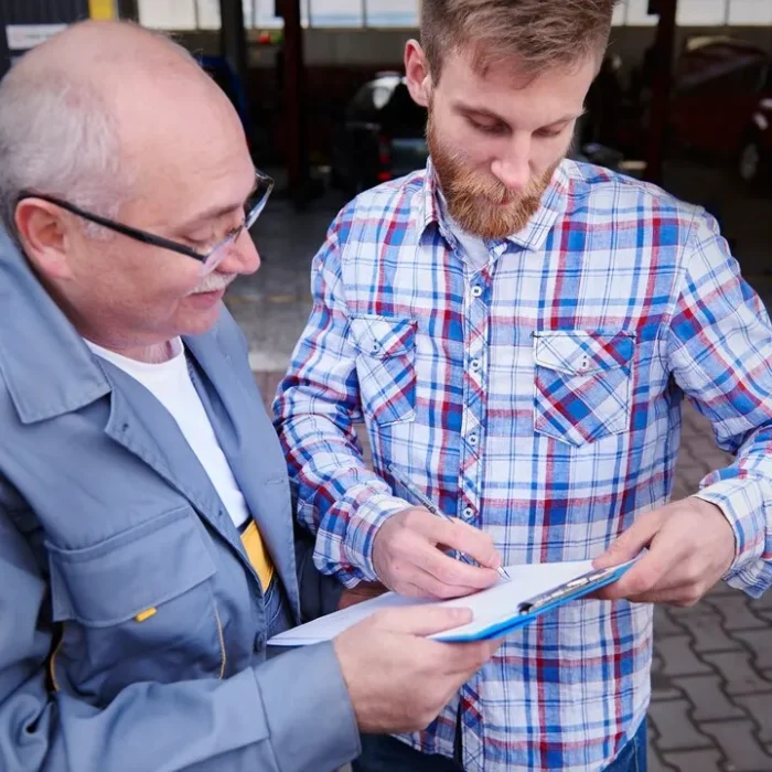 mechanic-customer-signing-document-workshop